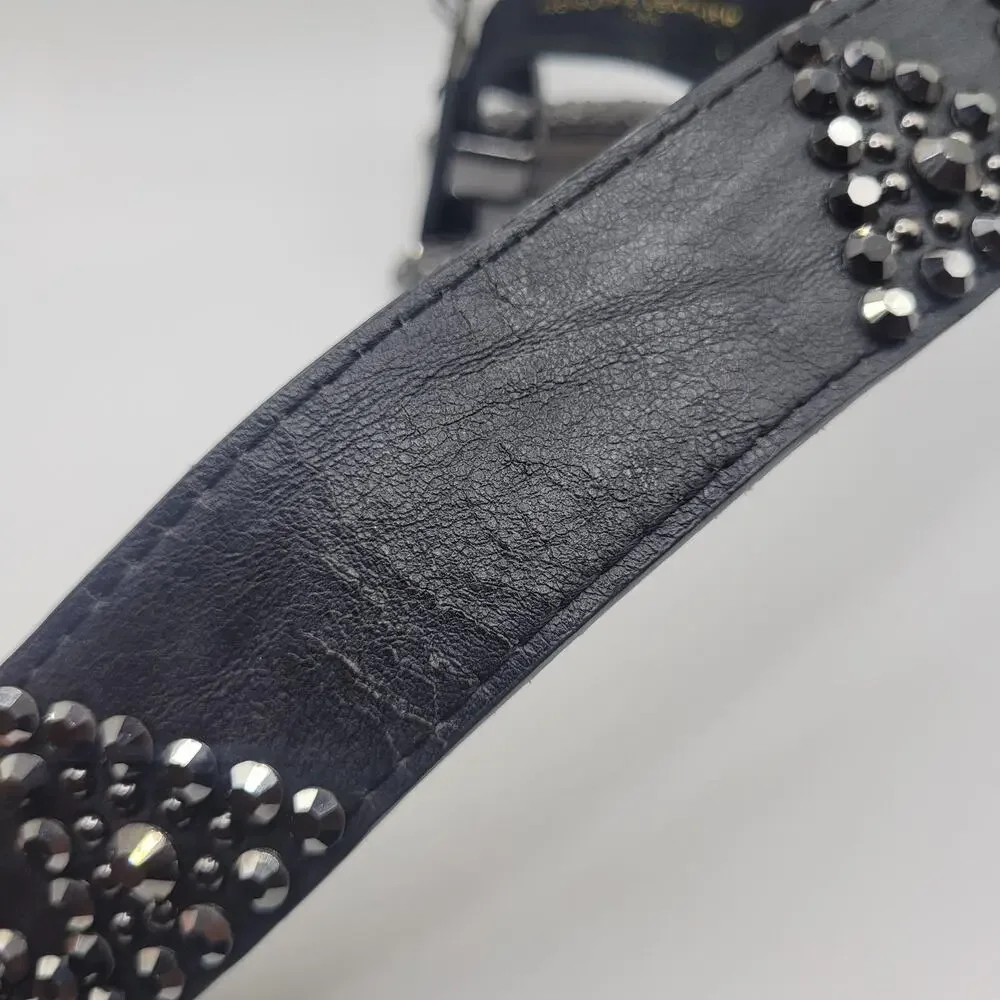Black Leather Belt Med Western Cowgirl Rhinestone Buckle Studs Boho Rodeo Bling